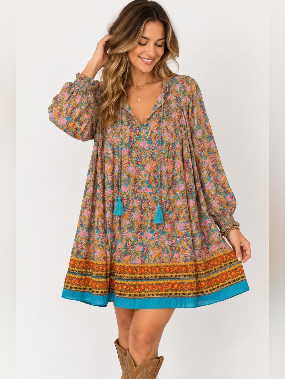 Natural Life Floral Boho Tunic Dress Top Medium Turquoise Pink Tassel Rayon